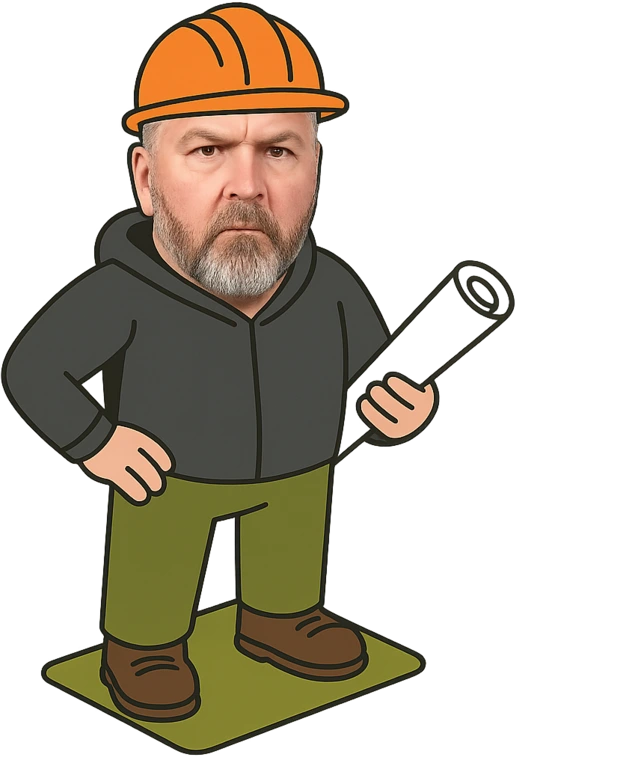 Frank als Baumeister mit Bauhelm und Plan unterm Arm