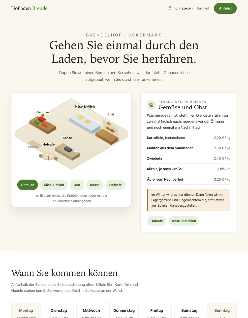 Mit Claude gebaute Hofladen-Website mit begehbarem Grundriss