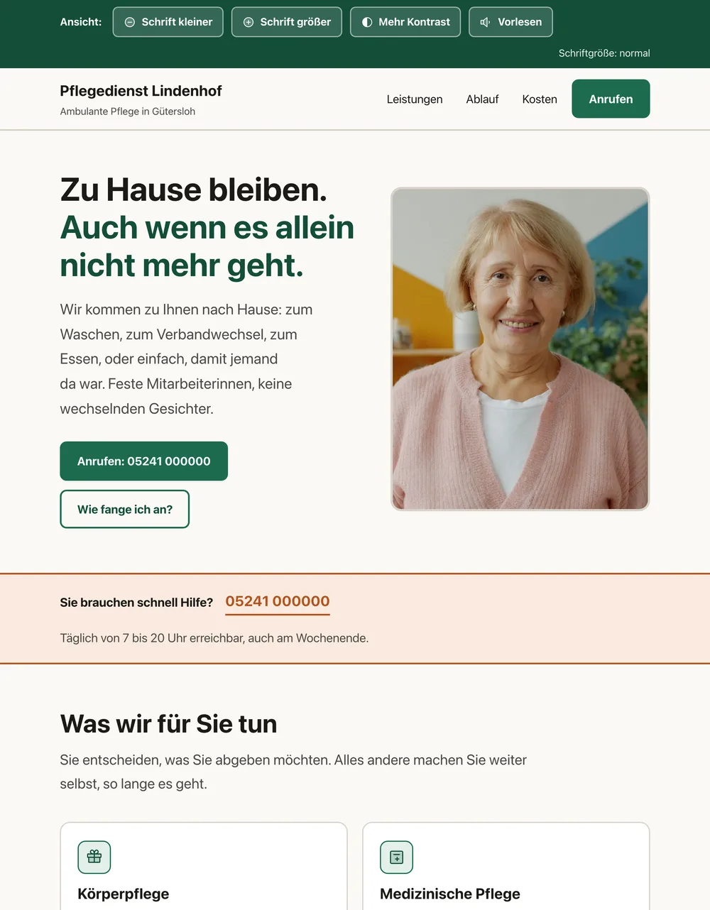 Mit Claude gebaute Website eines Pflegedienstes