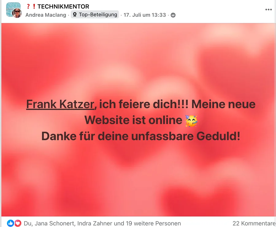 Facebook-Post von Andrea Maclang: Frank Katzer, ich feiere dich! Meine neue Website ist online. Danke für deine unfassbare Geduld!